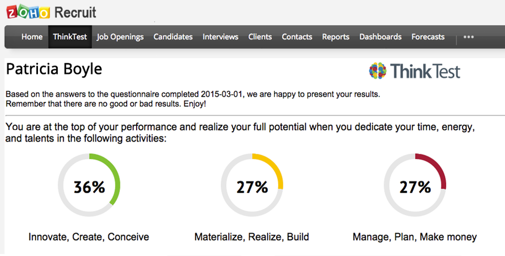 Zoho Recruit and ThinkTest integration result screen